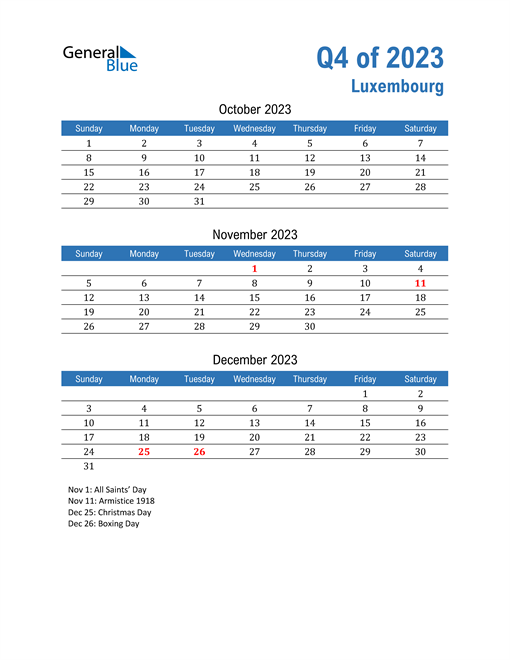  Luxembourg 2023 Quarterly Calendar 