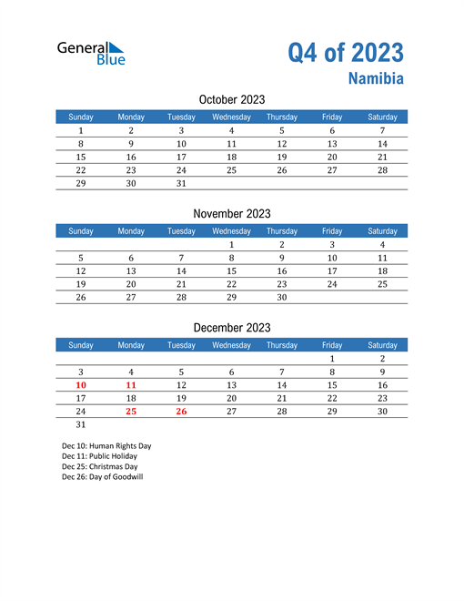  Namibia 2023 Quarterly Calendar 