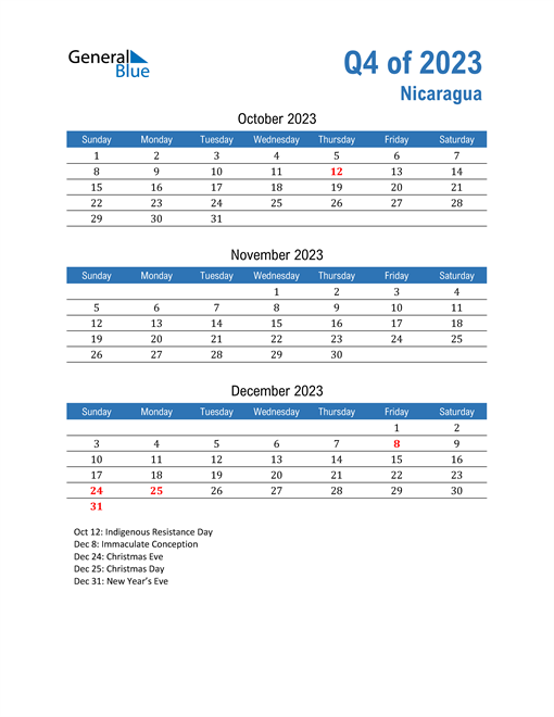 Nicaragua 2023 Quarterly Calendar 