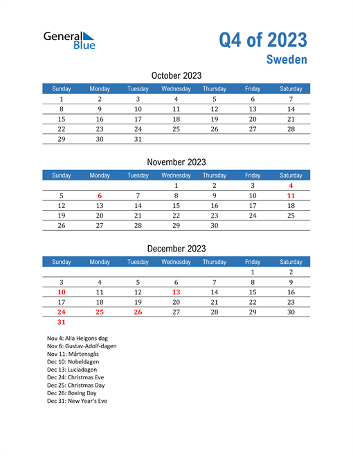  Sweden 2023 Quarterly Calendar 