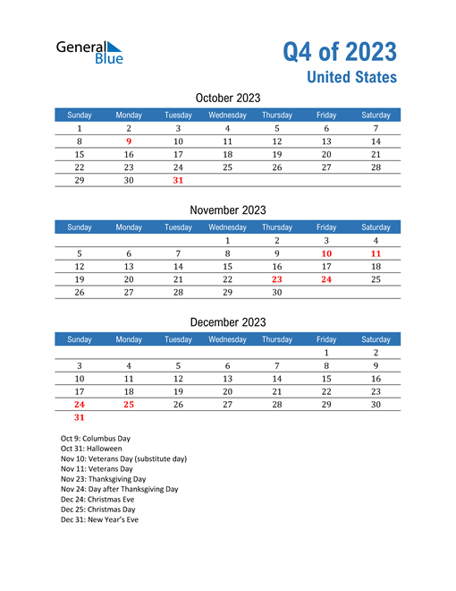  United States 2023 Quarterly Calendar 
