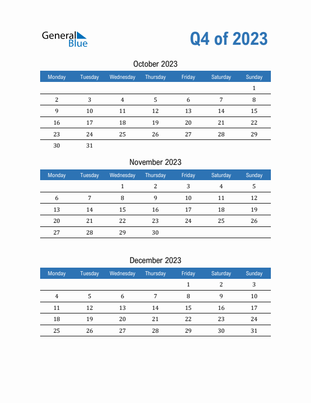 Fillable Quarterly Calendar for Q4 2023