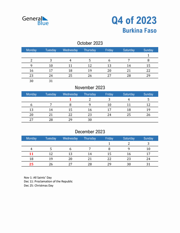 Burkina Faso 2023 Quarterly Calendar with Monday Start