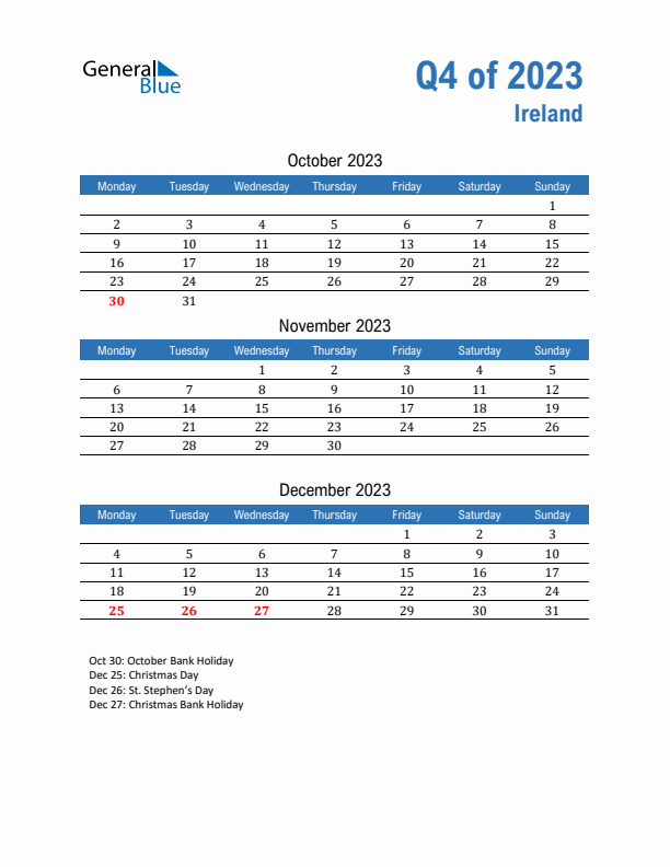 Ireland 2023 Quarterly Calendar with Monday Start