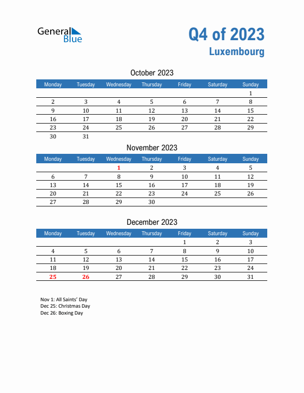 Luxembourg 2023 Quarterly Calendar with Monday Start