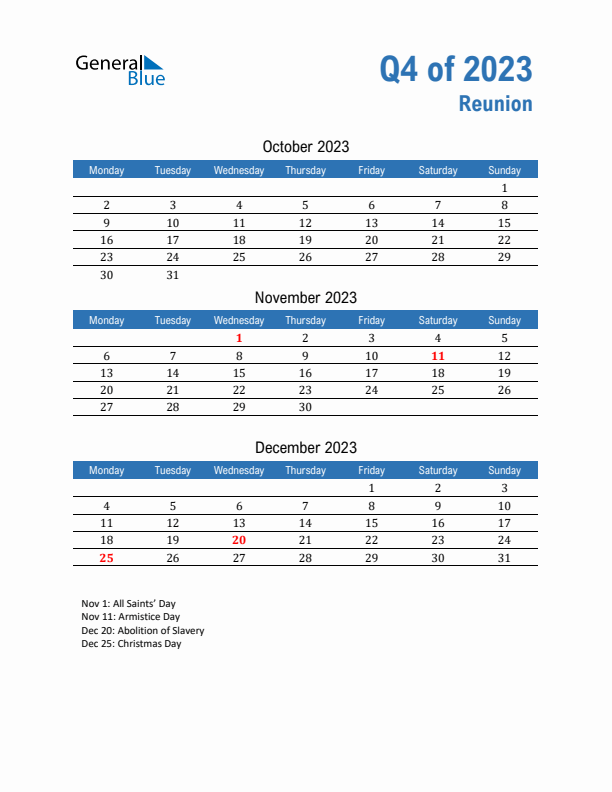 Reunion 2023 Quarterly Calendar with Monday Start