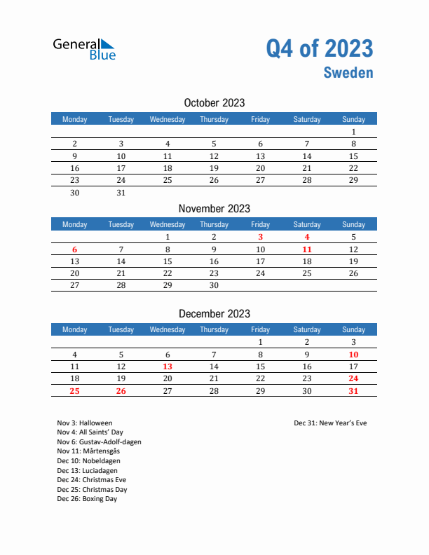 Sweden 2023 Quarterly Calendar with Monday Start