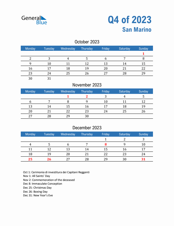 San Marino 2023 Quarterly Calendar with Monday Start