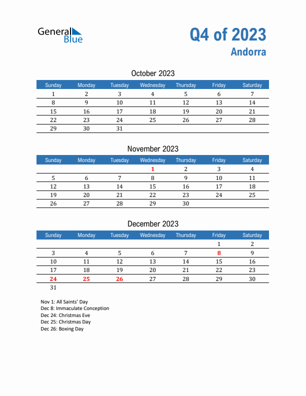 Andorra 2023 Quarterly Calendar with Sunday Start