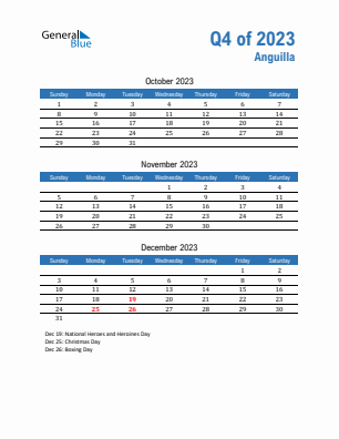 Anguilla Quarter 4  2023 calendar template