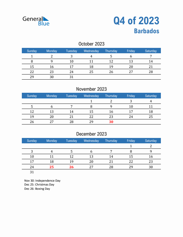 Barbados 2023 Quarterly Calendar with Sunday Start