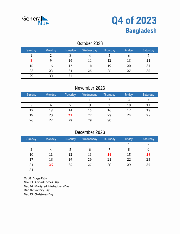 Bangladesh 2023 Quarterly Calendar with Sunday Start