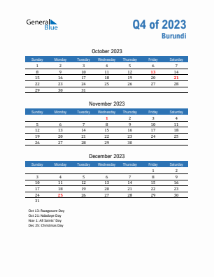 Burundi Quarter 4  2023 calendar template