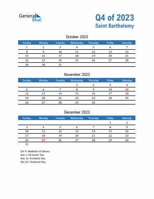 Saint Barthelemy Quarter 4  2023 calendar template