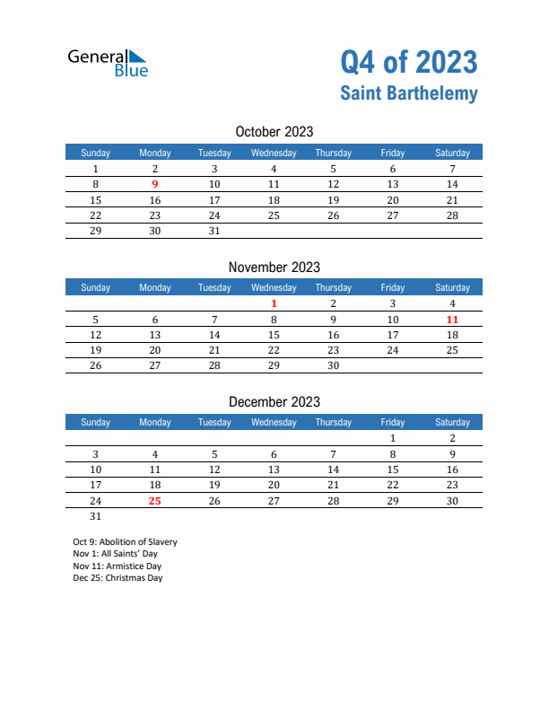Saint Barthelemy 2023 Quarterly Calendar with Sunday Start