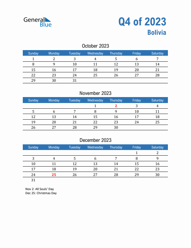Bolivia 2023 Quarterly Calendar with Sunday Start