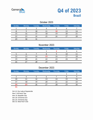 Brazil Quarter 4  2023 calendar template