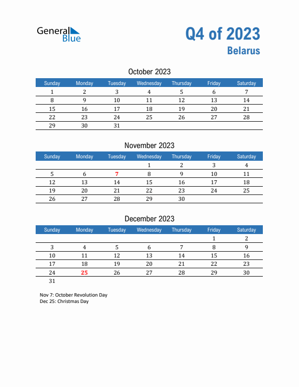 Belarus 2023 Quarterly Calendar with Sunday Start