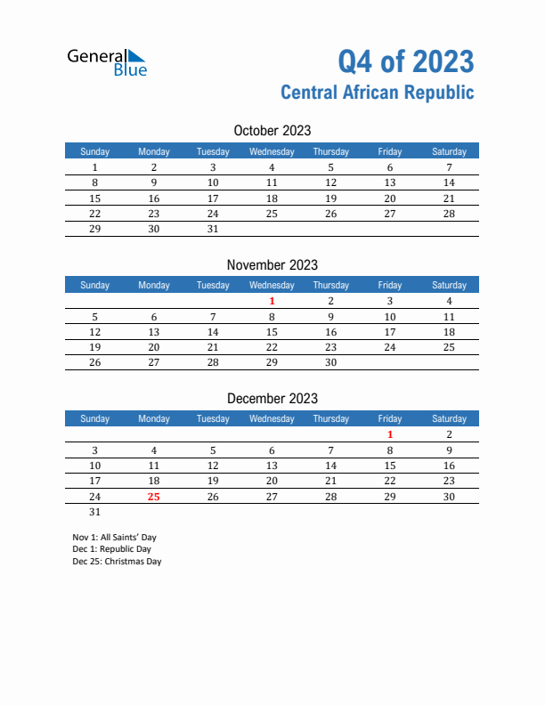 Central African Republic 2023 Quarterly Calendar with Sunday Start