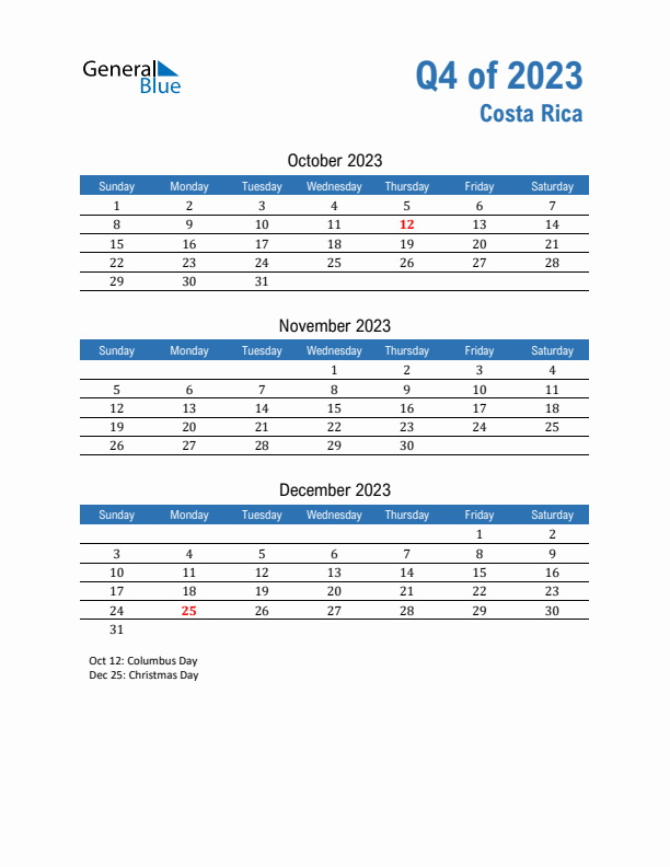 Costa Rica 2023 Quarterly Calendar with Sunday Start