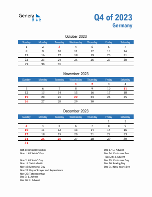 Germany Quarter 4  2023 calendar template