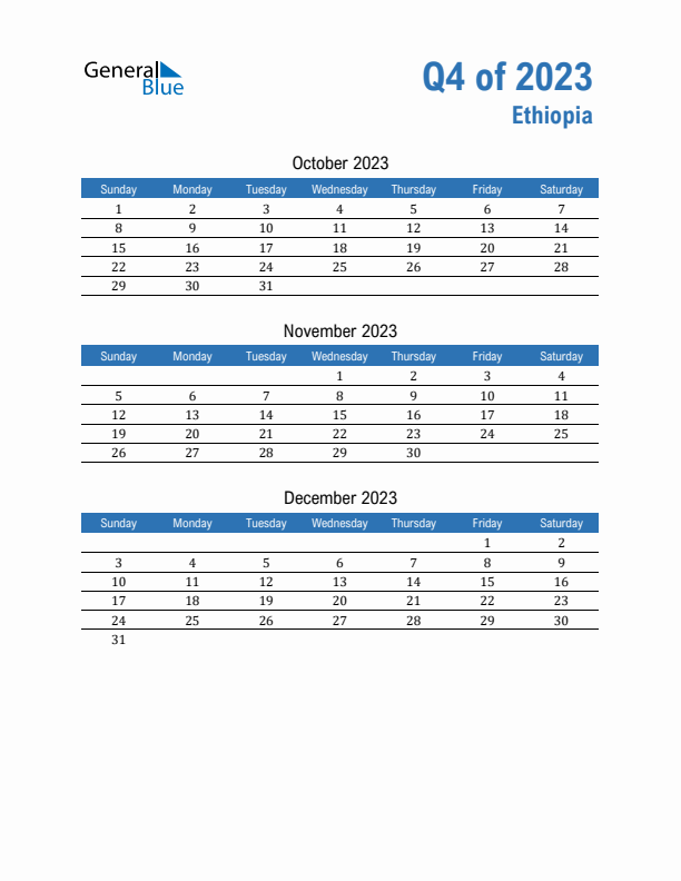 Ethiopia 2023 Quarterly Calendar with Sunday Start