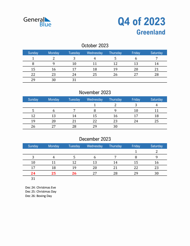 Greenland 2023 Quarterly Calendar with Sunday Start