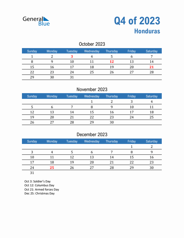 Honduras 2023 Quarterly Calendar with Sunday Start
