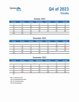 Croatia Quarter 4  2023 calendar template