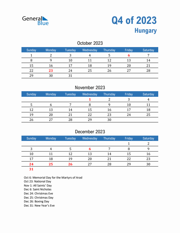 Hungary 2023 Quarterly Calendar with Sunday Start