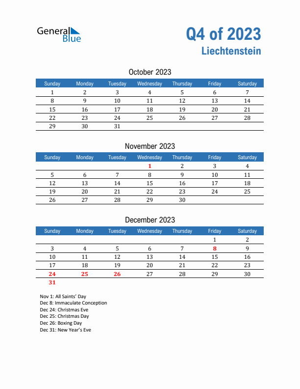 Liechtenstein 2023 Quarterly Calendar with Sunday Start