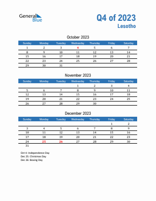 Lesotho Quarter 4  2023 calendar template