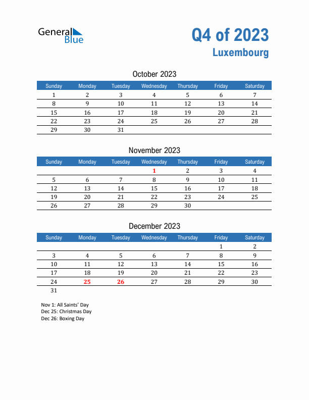 Luxembourg 2023 Quarterly Calendar with Sunday Start