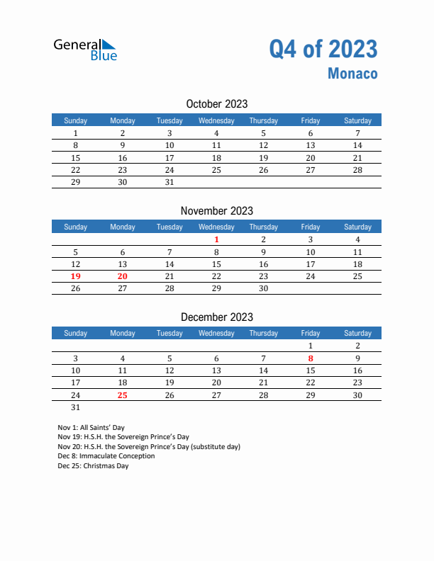 Monaco 2023 Quarterly Calendar with Sunday Start