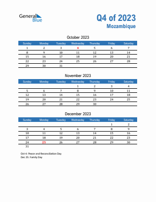 Mozambique Quarter 4  2023 calendar template