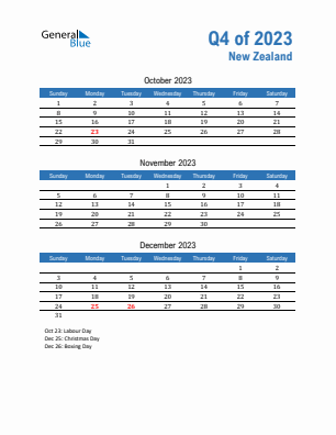 New Zealand Quarter 4  2023 calendar template