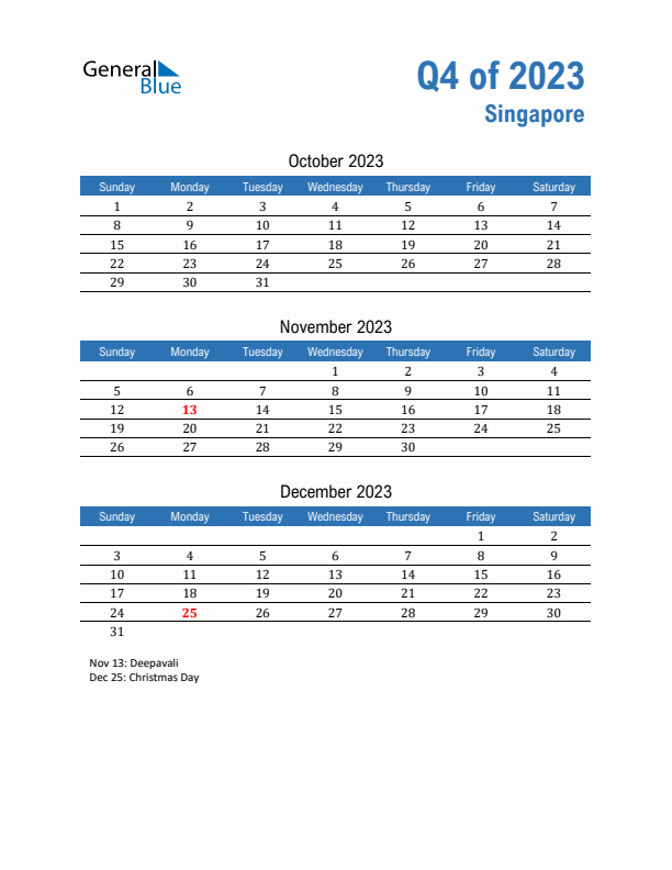 Singapore 2023 Quarterly Calendar with Sunday Start