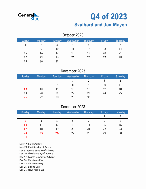 Svalbard and Jan Mayen 2023 Quarterly Calendar with Sunday Start