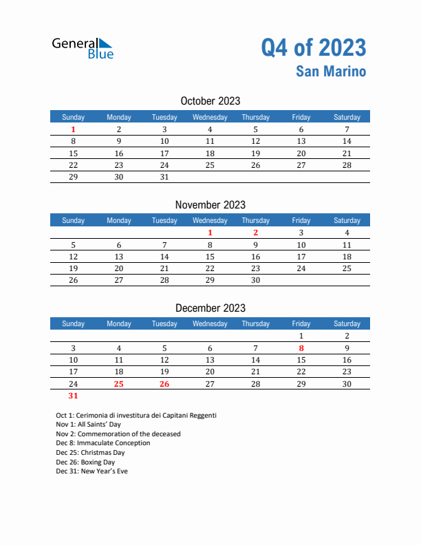 San Marino 2023 Quarterly Calendar with Sunday Start