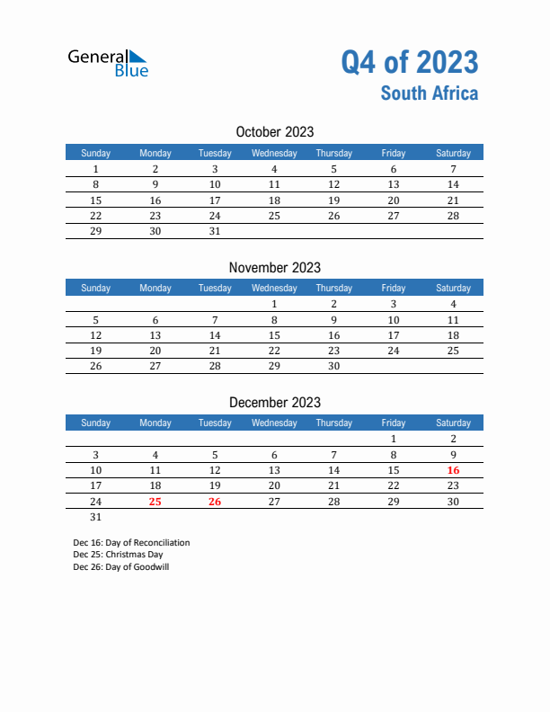 South Africa 2023 Quarterly Calendar with Sunday Start