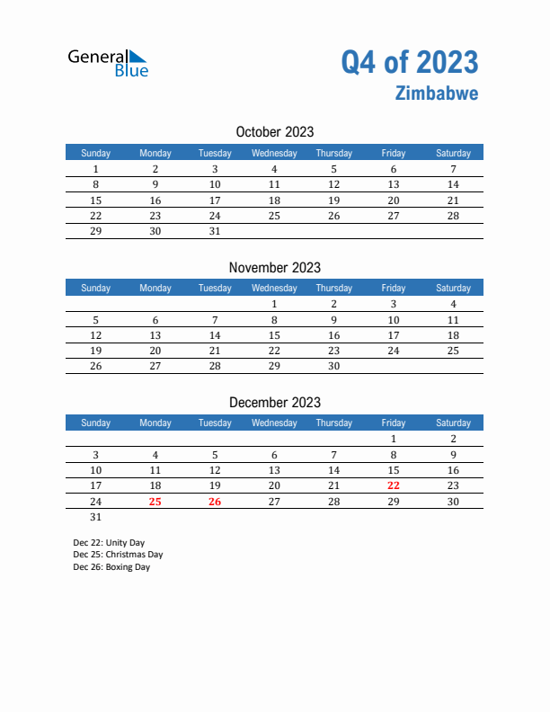 Zimbabwe 2023 Quarterly Calendar with Sunday Start