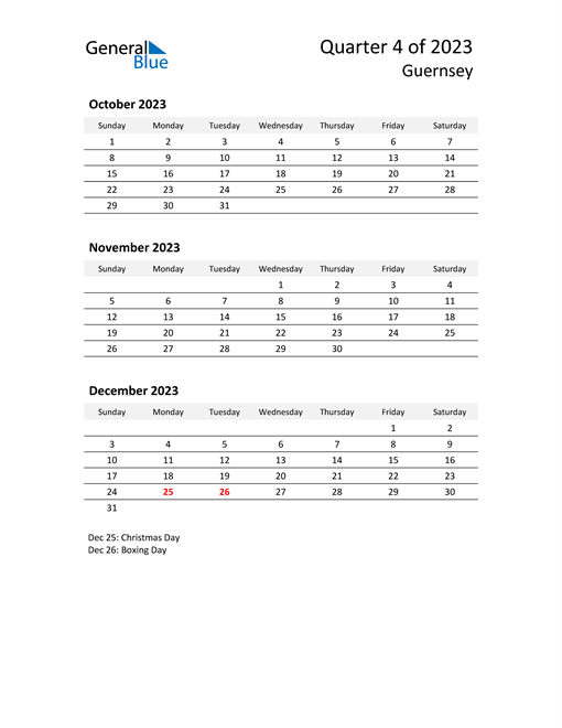  2023 Three-Month Calendar for Guernsey