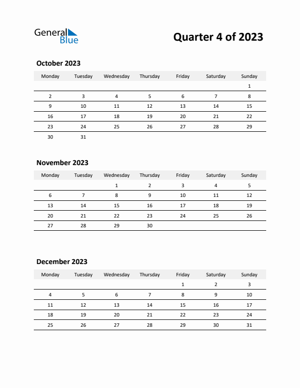 2023 Three-Month Calendar (Quarter 4)