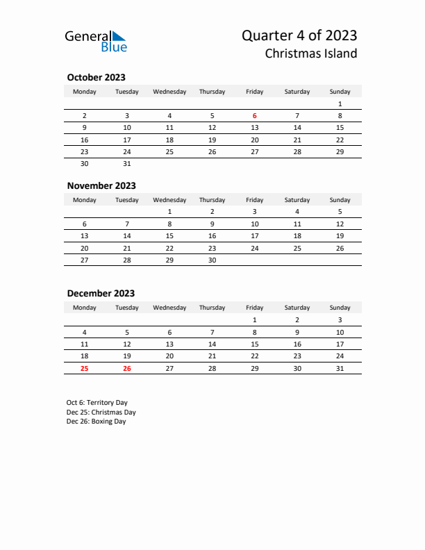 2023 Three-Month Calendar for Christmas Island