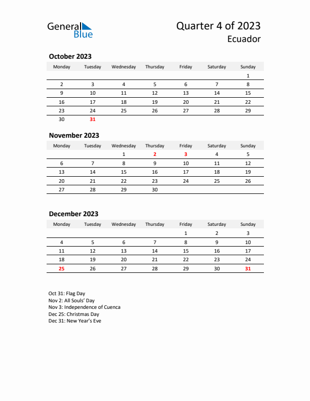 2023 Three-Month Calendar for Ecuador