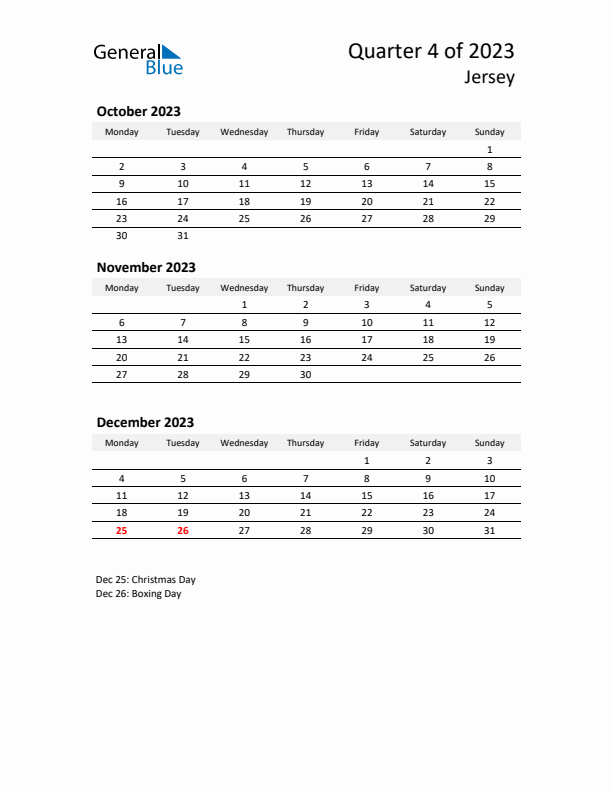 2023 Three-Month Calendar for Jersey