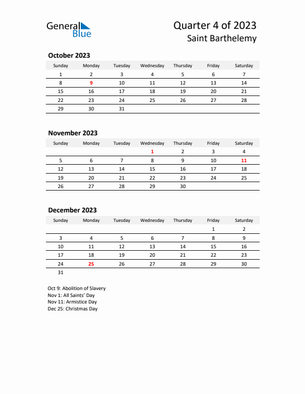 2023 Three-Month Calendar for Saint Barthelemy