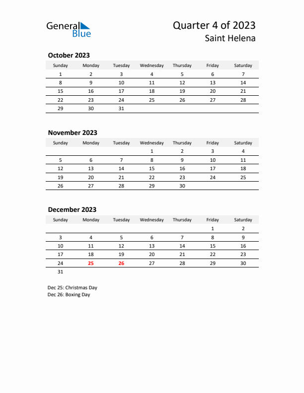 2023 Three-Month Calendar for Saint Helena