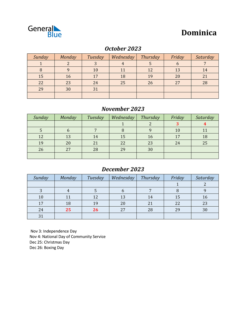 Q4 2023 Quarterly Calendar with Dominica Holidays