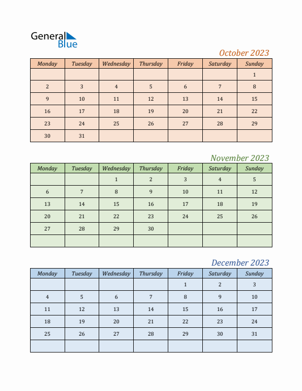 Three-Month Calendar for Year 2023 (October, November, and December)